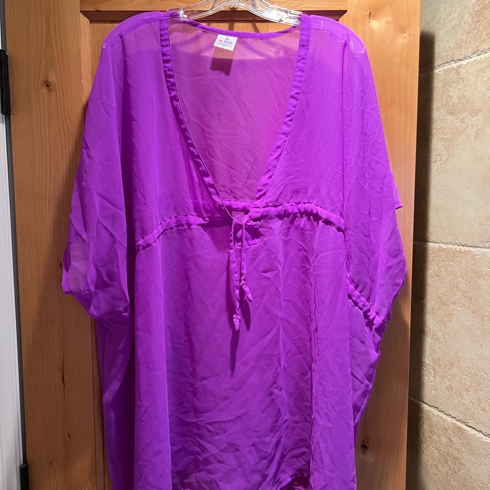 Beach Coverup EUC Purple V-Neck O/S(PLUS Size) Adjustable Waist Short Sleeves.